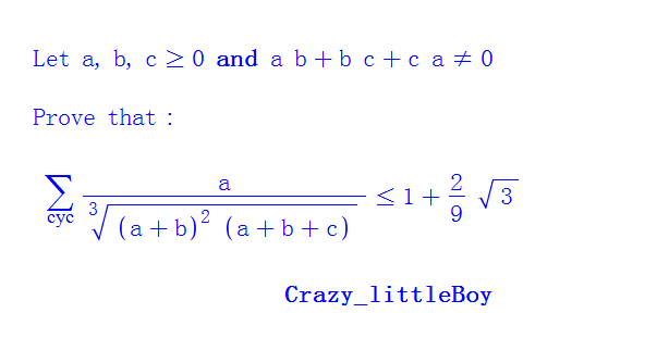 今天编了一个颇有难度的三元不等式，好不容易才证明（机器证明），希望各位不等式爱好者能够给出初等的手工 ...